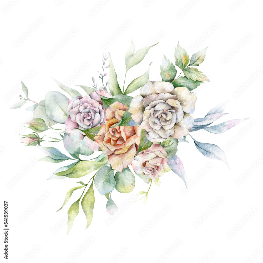 Eucalyptus Bouquet with Roses Watercolor, Floral Bouquet, Hand Painted Floral Composition,  Greenery Arrangement, Floral Arrangement, Green Leaves Composition with pastel roses