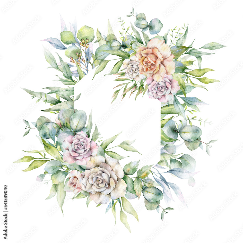 Eucalyptus Frame with Roses Watercolor, Floral Frame, Floral Border,  Greenery Frame, Floral Arrangement, Green Leaves Composition