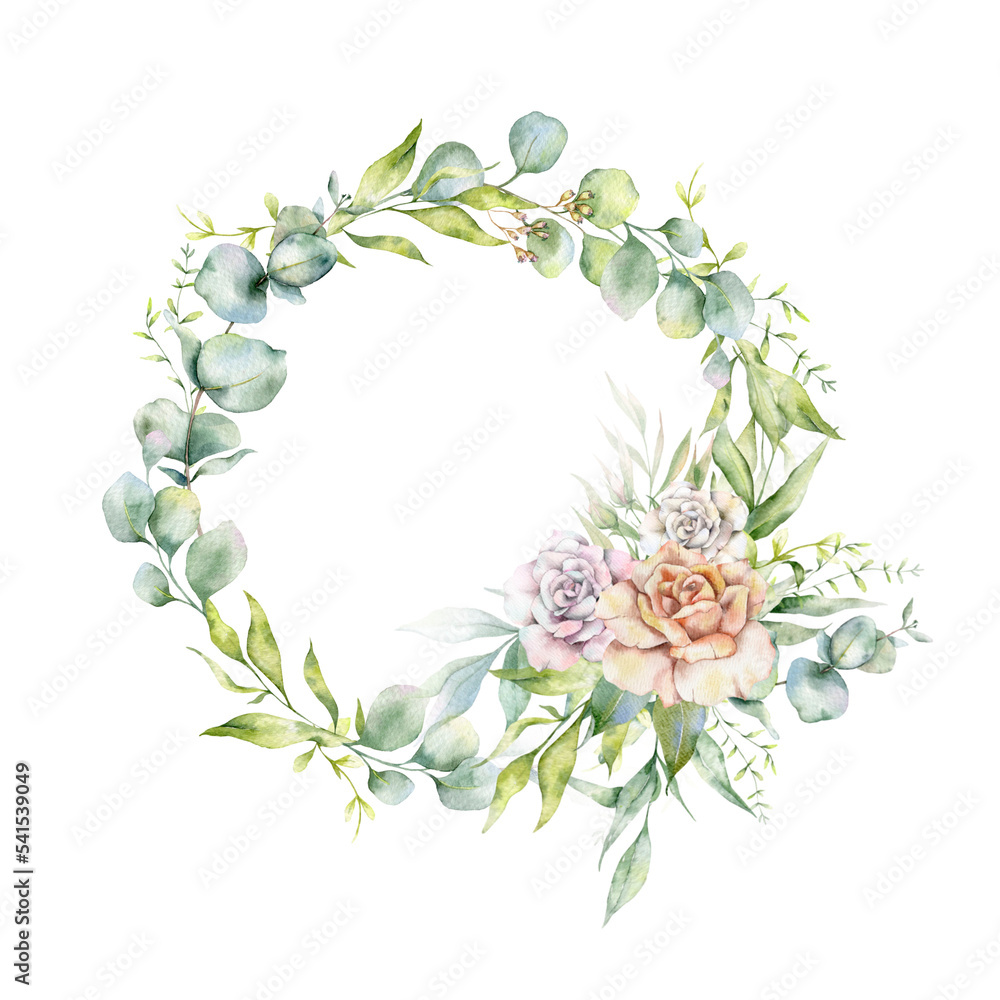 Fototapeta premium Eucalyptus Frame Watercolor, Floral Frame, Greenery Frame, Floral Arrangement, Green Leaves Composition 