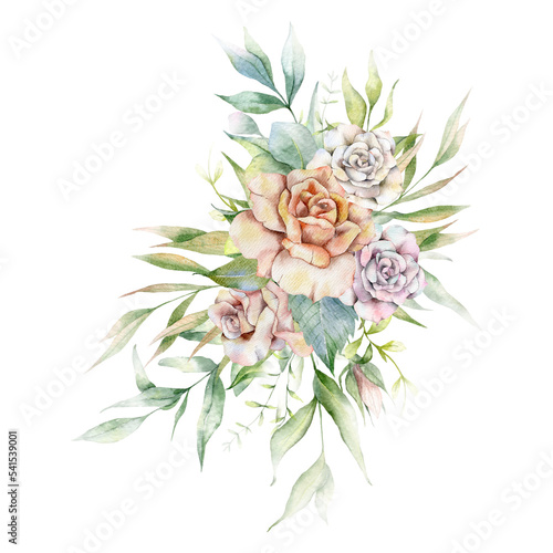 Eucalyptus Bouquet with Roses Watercolor, Floral Bouquet, Hand Painted Floral Composition, Greenery Arrangement, Floral Arrangement, Green Leaves Composition with pastel roses
