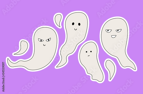 Set of cute stickers of ghosts with funny faces. Vector flat illustration on isolated background. 
