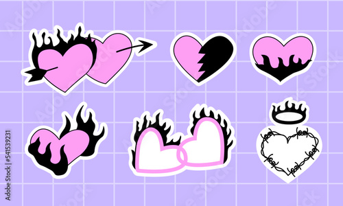 Set of cute hearts stickers. Vector illustration. Y2K psychedelic concept. 00s, 90s style. Flaming and broken hearts. 