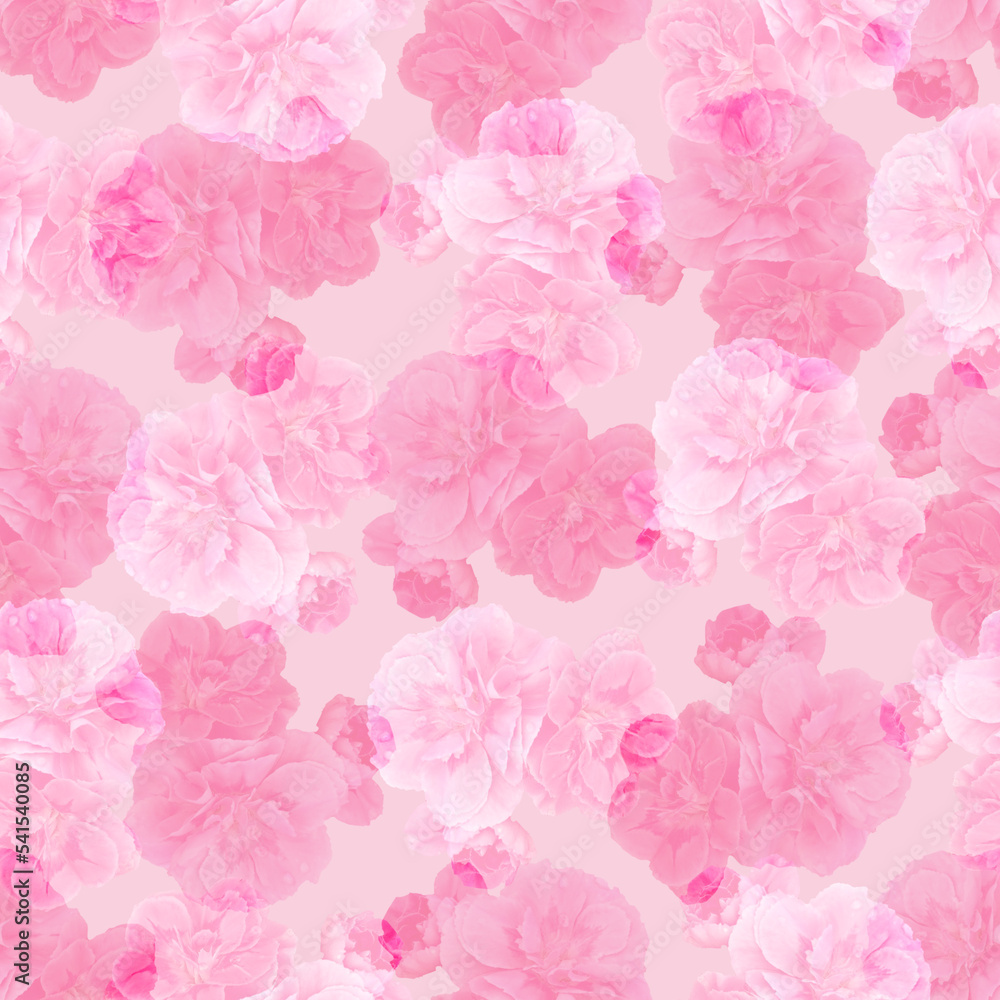 Seamless carnation flower photograph collage repeat. Feminine pretty pink floral for fashion all over print. Cottagecore spring garden wallpaper. 