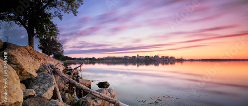 Sunrise reflecting in the water of Lake Monona, Madison, WI. 