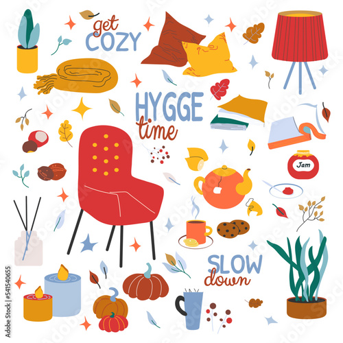 Hygge time collection vector illustration. Warm bright palette. Home decor and leasure time elements with typography, autumn leaves and stars isolated on white background