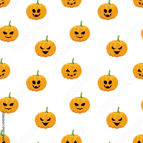 Pumpkin. Halloween seamless pattern with Jack o Lantern. Cartoon, flat, vector