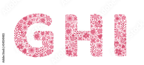 Floral letters G, H, I. Font of pink flowers. Alphabet. Doodle. Vector