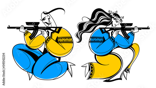 vector image of a ukrainian warrior (cossack) and a warrior woman in national traditional clothes in the colors of the ukrainian flag with rifles, who defend their country from the russian invasion.