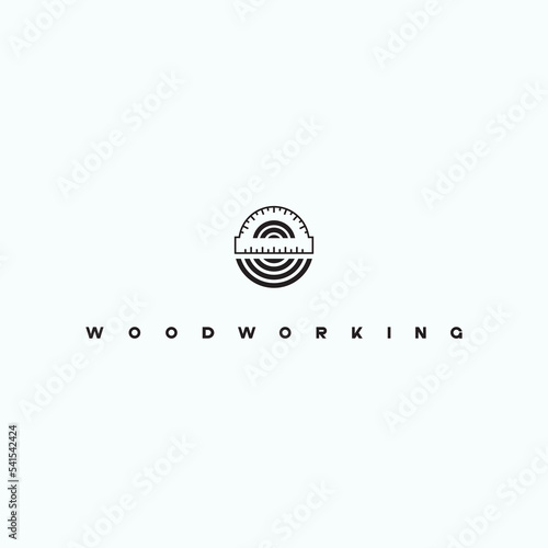 illustration consisting of an image of a piece of wood and a protractor with the inscription "woodworking" as a symbol or logo