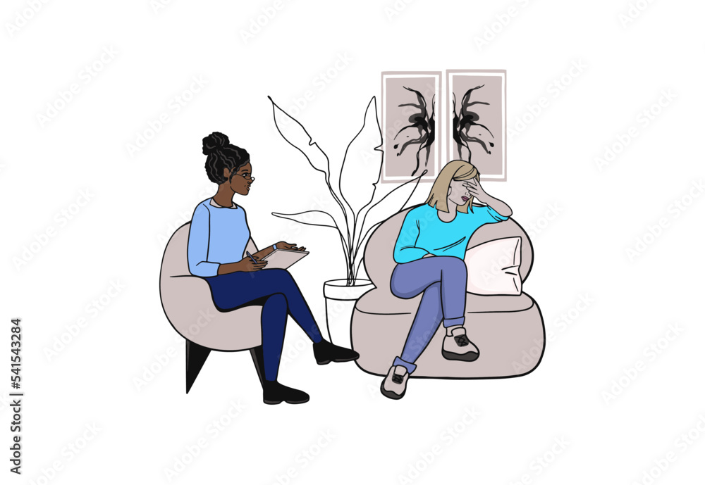 Psychotherapy session - woman talking to african american psychologist. Mental health vector illustration in flat style. Psycological picture. Trendy psychologist design banners, advertisment. - obrazy, fototapety, plakaty 