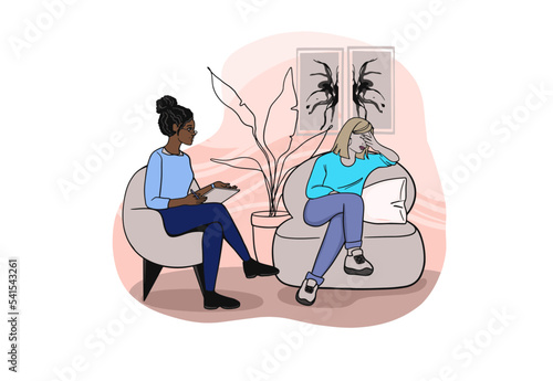 Psychotherapy session - woman talking to african american psychologist. Mental health vector illustration in flat modern style. Trendy psychologist banner or advertisment design.