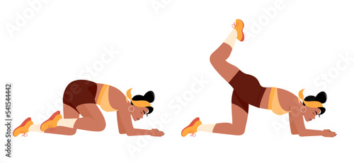 Young woman doing  donkey kick. Workout instruction with leg lifts in 2 steps.  Hand-drawn isolated vector illustration on white background.