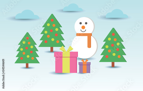 Vector of christmas background group of gift box ,snow man and christmas tree in snow winter.Illustration vector of christmas day background sale concept.use for X mas day festival , winter gift sale.