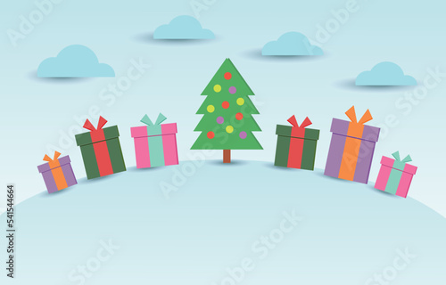 Vector of christmas background group of many gift box and christmas tree in snow winter.Illustration vector of christmas day background sale concept.use for X mas day festival , winter gift sale.