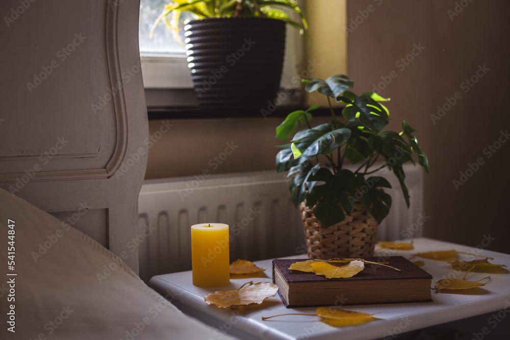 A book with leaves, candles and a flower in a pot on a bedside table. A book with leaves, candles and a flower in a pot on a bedside table.