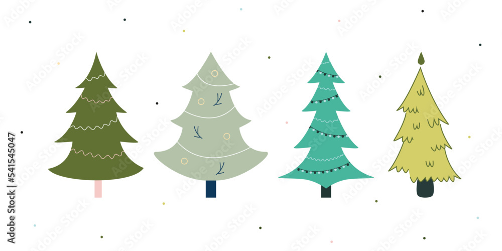 Christmas tree set, green colors, cute design, simple, minimalism, flat illustration