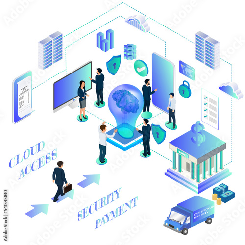 Creativity and Team Data Conference, Payment Access, Isometric transfer amount. banking concept. Isometric Security Protection Concept. 3d vector illustration.