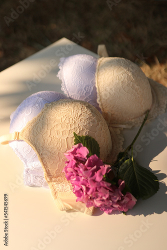 Bras with a bouquet of purple flowers on white.