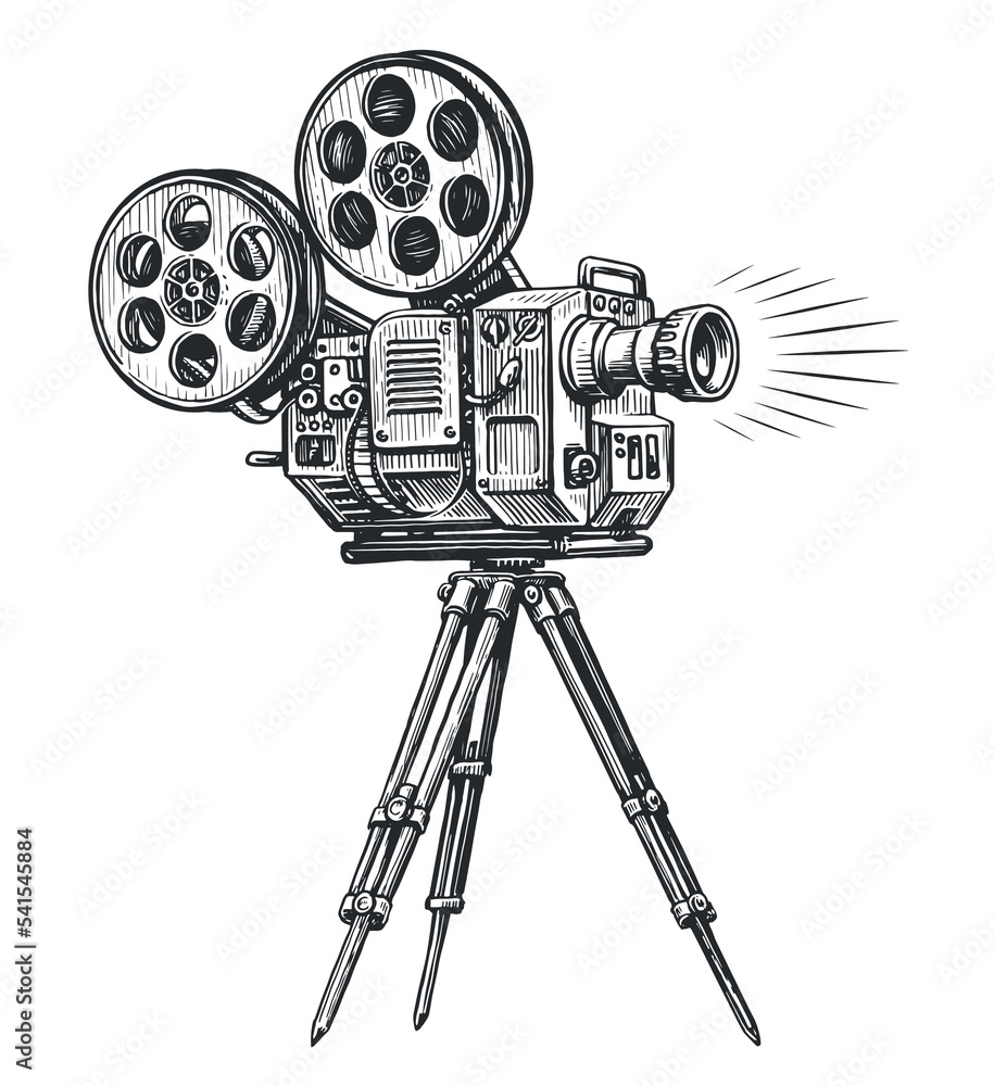 Retro movie camera sketch. Filming, film shooting concept. Film, tv  equipment drawn in vintage engraving style Stock Vector