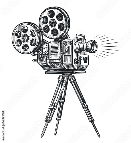 Retro movie camera sketch. Filming, film shooting concept. Film, tv equipment drawn in vintage engraving style