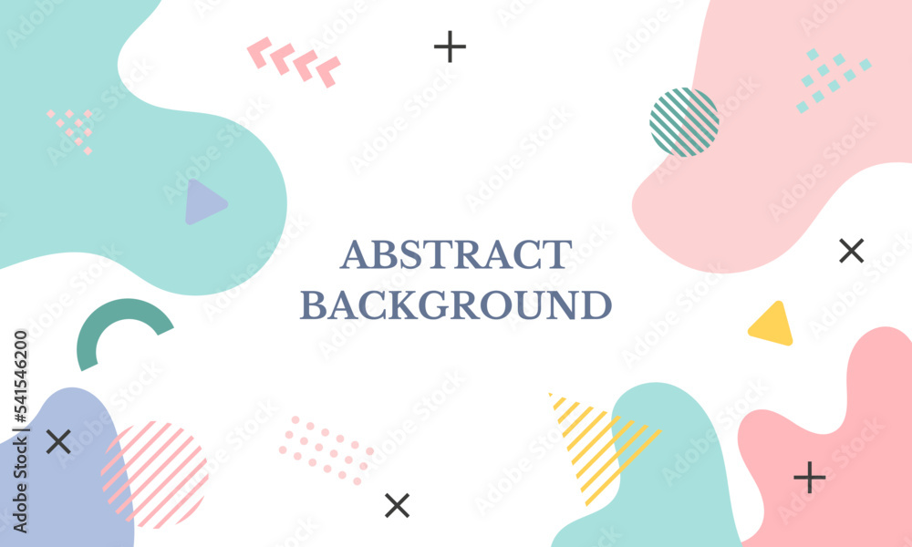 Abstract memphis background. Fluid shapes and different figures on a white background. Colorful pattern from geometric shapes in Memphis 80s-90s style with text. Vector illustration.