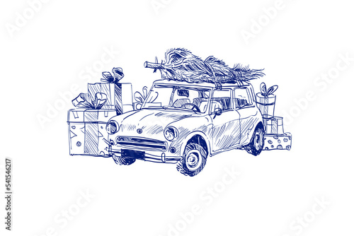 Vintage illustrations of retro car carries the Christmas tree and gifts. Happy New Year and Merry Christmas greeting card. Festive banner photo zone. Hand drawn vector art. 