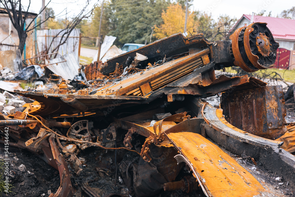 Fototapeta premium War in Ukraine, destroyed tank, ammunition detonation, tank remnants