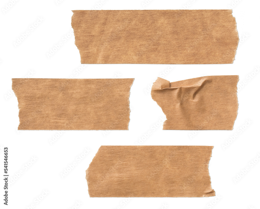 four pieces / strips of brown textured adhesive kraft paper tape, attach something or use as labels and add some text - isolated design element - obrazy, fototapety, plakaty 