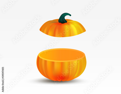 Cut realistic orange color pumpkin isolated on white background. Two pieces of pumpkin. 3D object for design. Vector illustration.