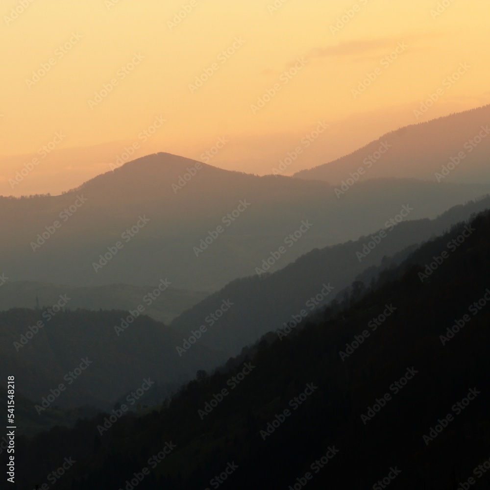 amazing autumn sunrise image in mountains, autumn morning dawn, nature colorful background, Carpathians mountains, Ukraine, Europe