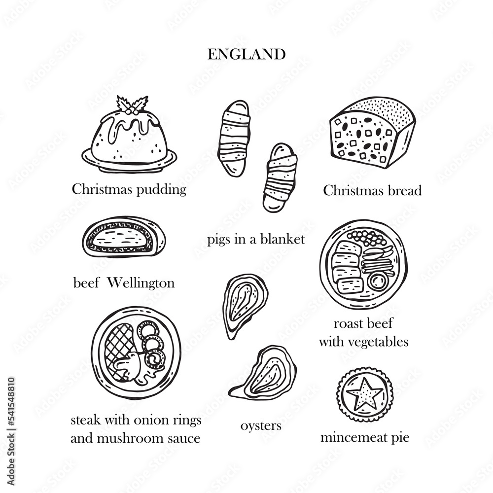 Vector set of illustrations of the Christmas dishes of England. Hand-drawn illustration.