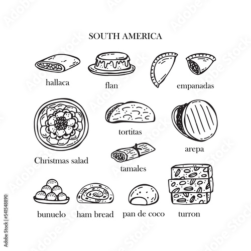 Vector set of illustrations of the Christmas dishes of South America. Hand-drawn illustration.