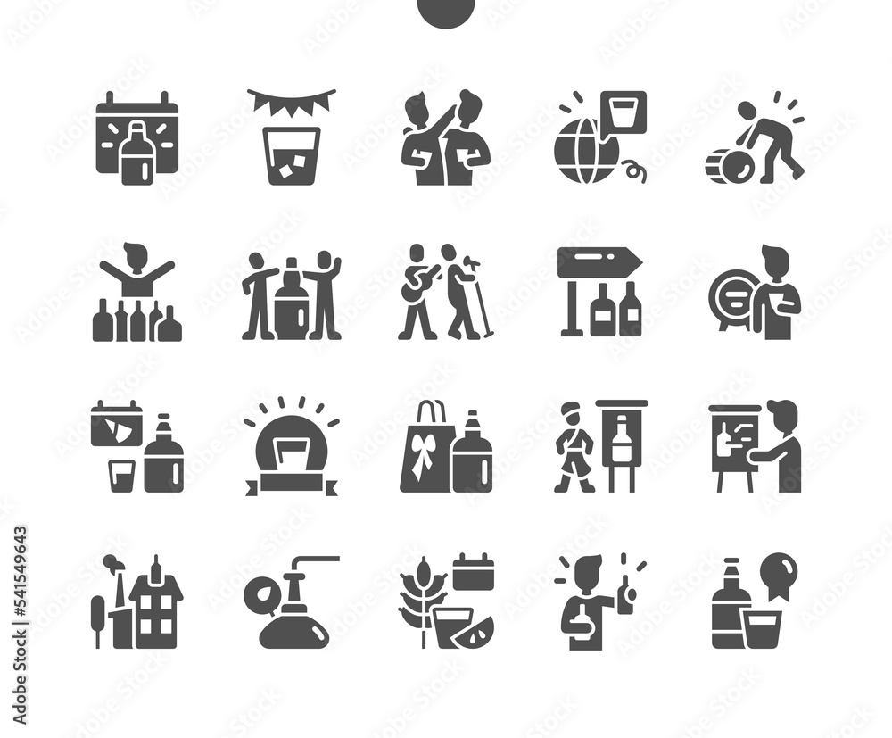 Whisky Festival. Calendar. People celebrate. Scottish parties. Musical performances. Vector Solid Icons. Simple Pictogram