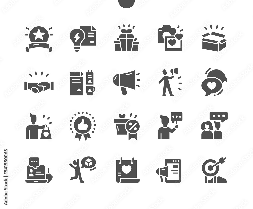 Brand ambassador. Product and promotion. Internet advertising. People reviews. Vector Solid Icons. Simple Pictogram
