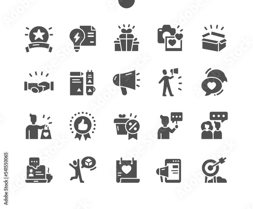 Brand ambassador. Product and promotion. Internet advertising. People reviews. Vector Solid Icons. Simple Pictogram