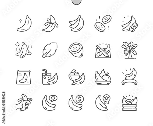Banana fruit. Healthy food. Whole and cut banana. Food shop, supermarket. Menu for cafe. Pixel Perfect Vector Thin Line Icons. Simple Minimal Pictogram