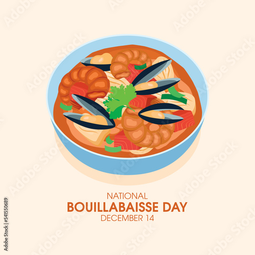 National Bouillabaisse Day vector. Bowl of soup with mussels, shrimp and fish icon vector. Seafood soup icon vector. December 14. Important day