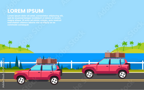 Passenger car on the highway near the sea for banner webpage landscape background. vector illustration.