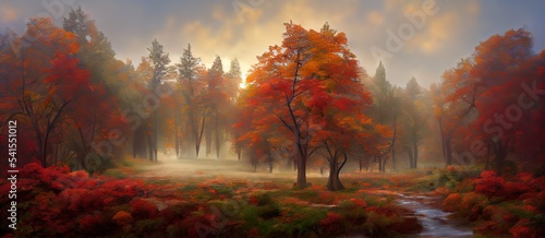 Magical autumn woods with thick fog fall colours generative ai 