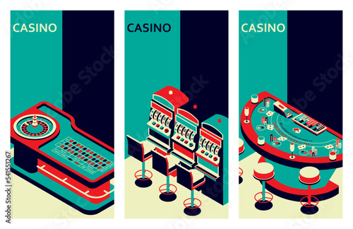 Set of casino banners. Roulette table, slot machine and black jack. Vector illustration