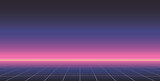 1980's neon sci fi landscape. Retrowave, synthwave vector background. Cyberpunk perspective grid.
