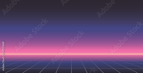 1980's neon sci fi landscape. Retrowave, synthwave vector background. Cyberpunk perspective grid. photo