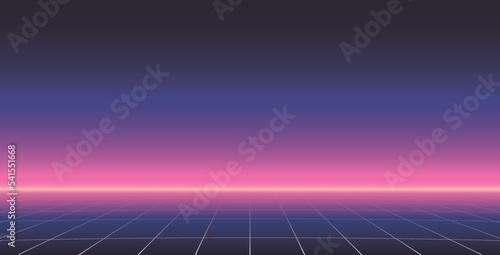 An abstract vector illustration of a retro-futuristic landscape featuring a glowing grid extending into a gradient sky with a neon horizon. Retrowave, vector background. Cyberpunk perspective grid.