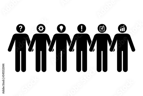 Stick figure man creative idea teambuilding vector illustration set. Problem solution logical thinking icon pictogram on white background