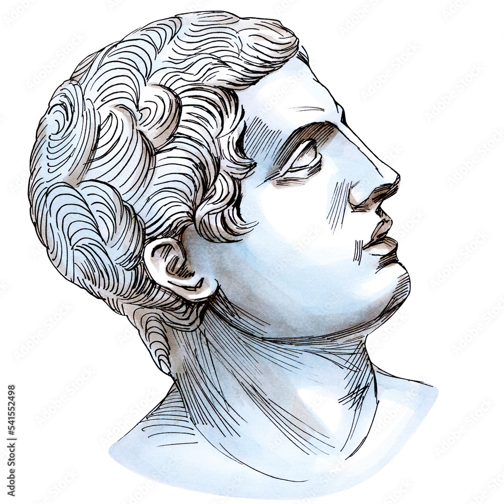 Hand drawn sketch markers illustration of young man statue. Ancient