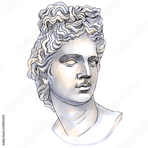 Hand drawn illustration of portrait of Apollo Belvedere. Sketch markers art of antique sculpture.