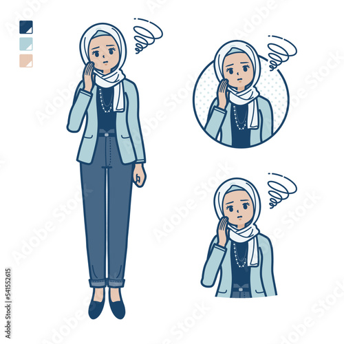 カジュアルファッションなアラビア人女性が困っているイラスト