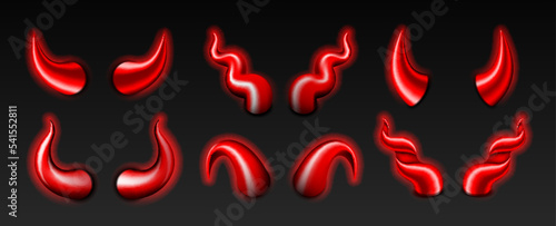 Devil horn set. Set of red glowing demon or satan Halloween carnival elements