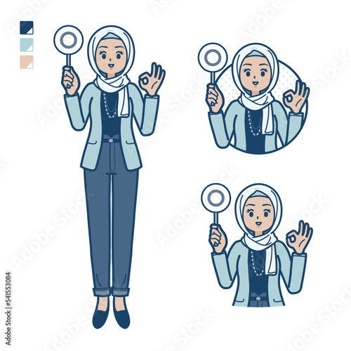 カジュアルファッションなアラビア人女性がマル印パネルを出すイラスト