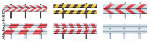 Guard rails. Highway roadside barrier, striped caution guardrail and road safety metal fence vector set